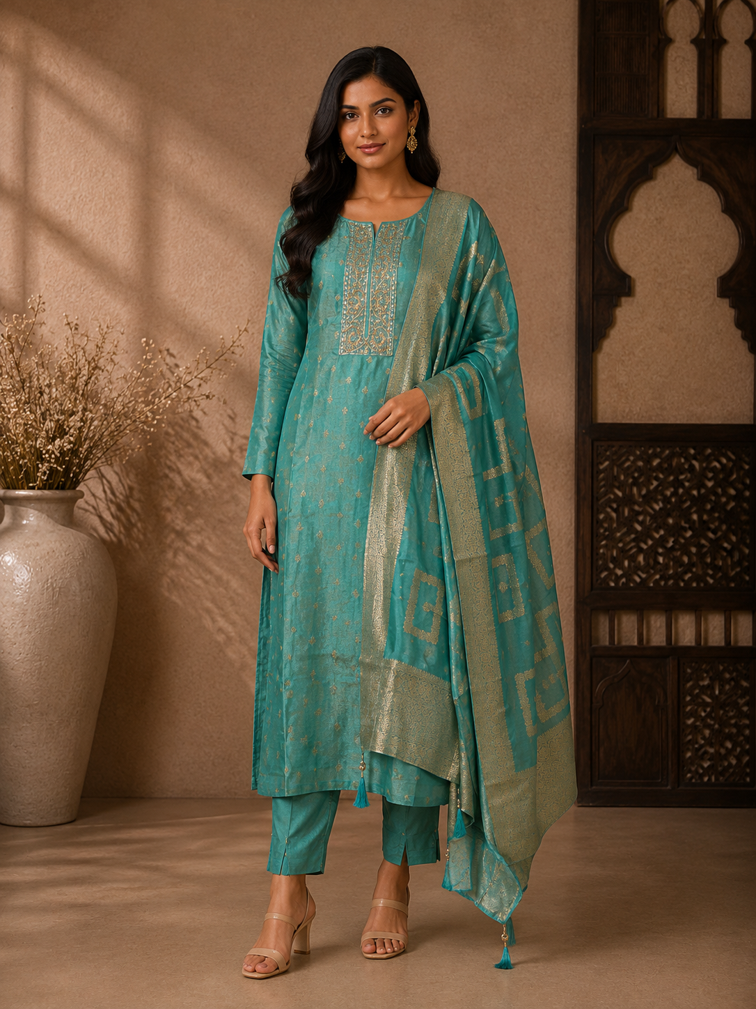Teal Silk Embroidered Kurta Set with Woven Dupatta