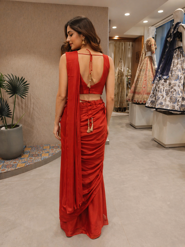 Red Chinnon Silk Pre-Draped Saree with Embroidered Blouse | Designer Party Wear Saree