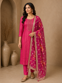 Premium Silk Embroidered Straight Suit Set with Printed Organza Dupatta – Rani Pink