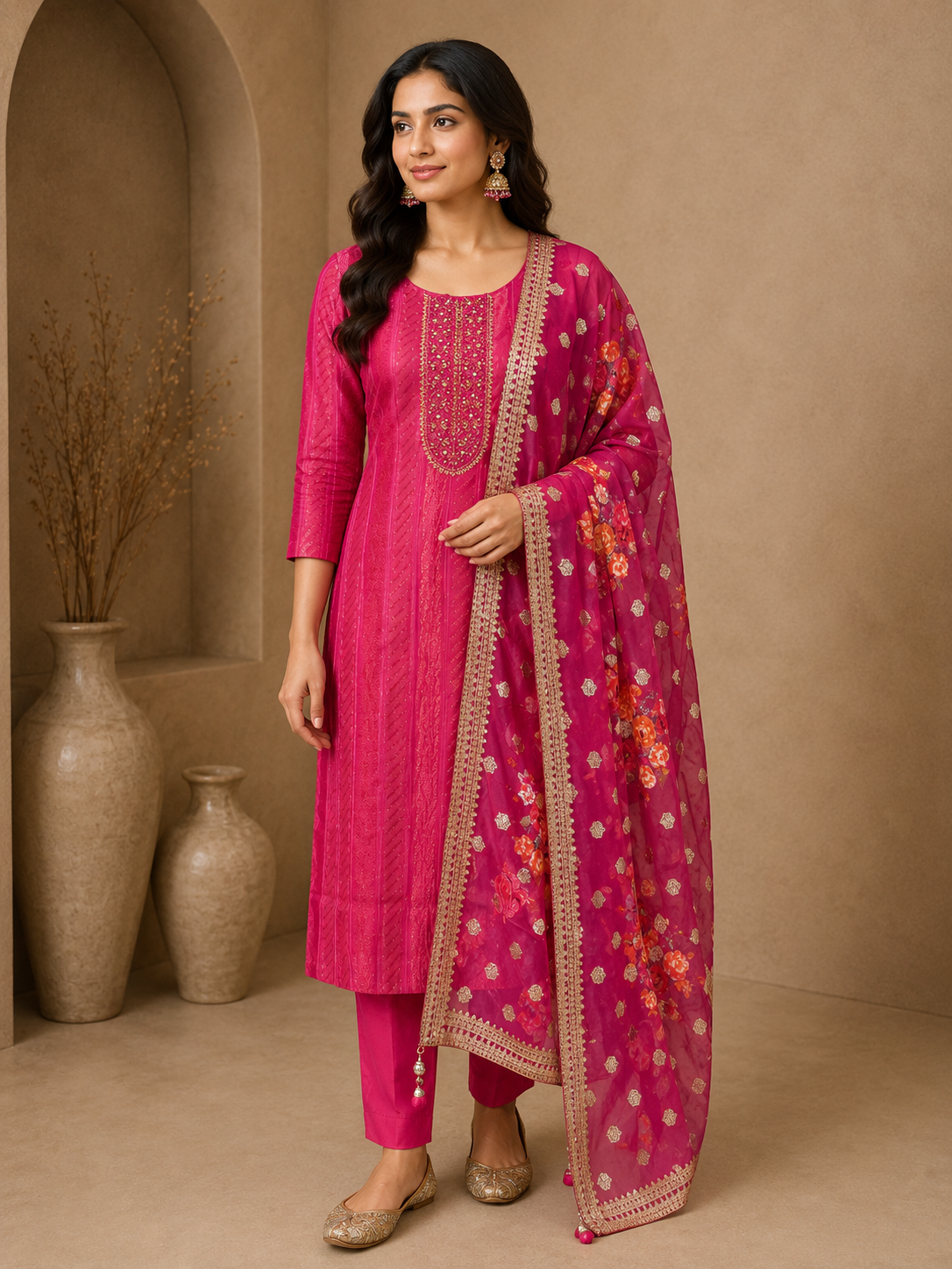 Premium Silk Embroidered Straight Suit Set with Printed Organza Dupatta – Rani Pink