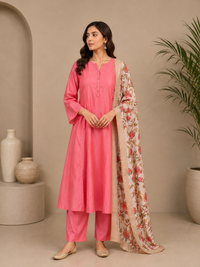 Women's Muslin Silk Anarkali Kurta Pant Set with Floral Dupatta