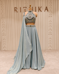 Ice Blue Tissue Silk Embellished Lehenga Set with Draped Dupatta