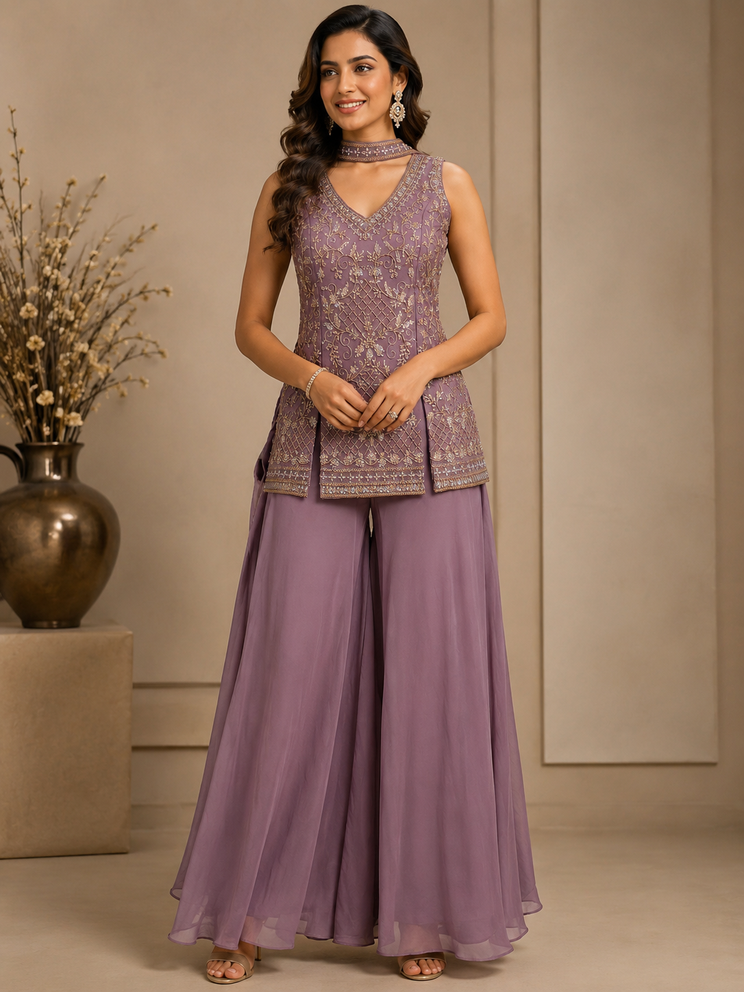 Lavender Silk Embroidered Peplum Kurta with Flared Sharara Set