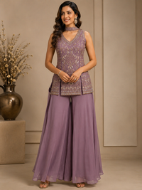 Lavender Silk Embroidered Peplum Kurta with Flared Sharara Set