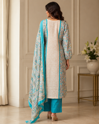 Premium Muslin Silk Paisley Printed Straight Suit Set with Dupatta – Ivory & Turquoise