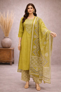 Olive Green Cotton Printed Casual Salwar Suit with Dupatta