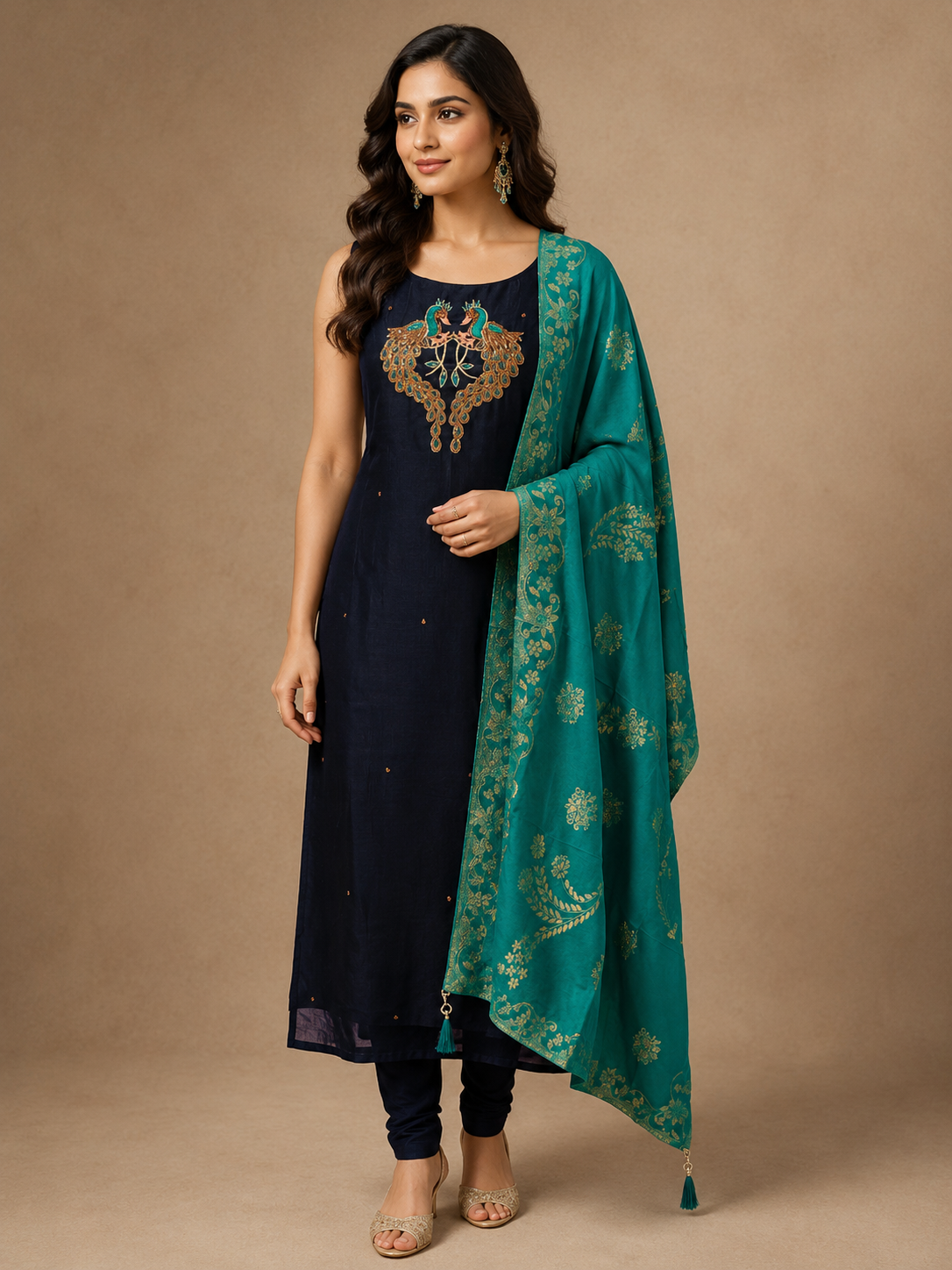 Navy Blue Silk Straight Cut Suit Set with Peacock Embroidery & Teal Silk Dupatta