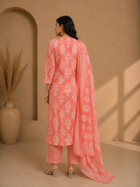 Peach Floral Printed Cotton Kurta Set with Dupatta