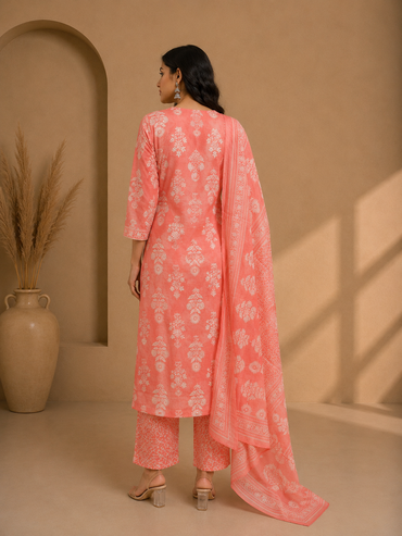 Peach Floral Printed Cotton Kurta Set with Dupatta