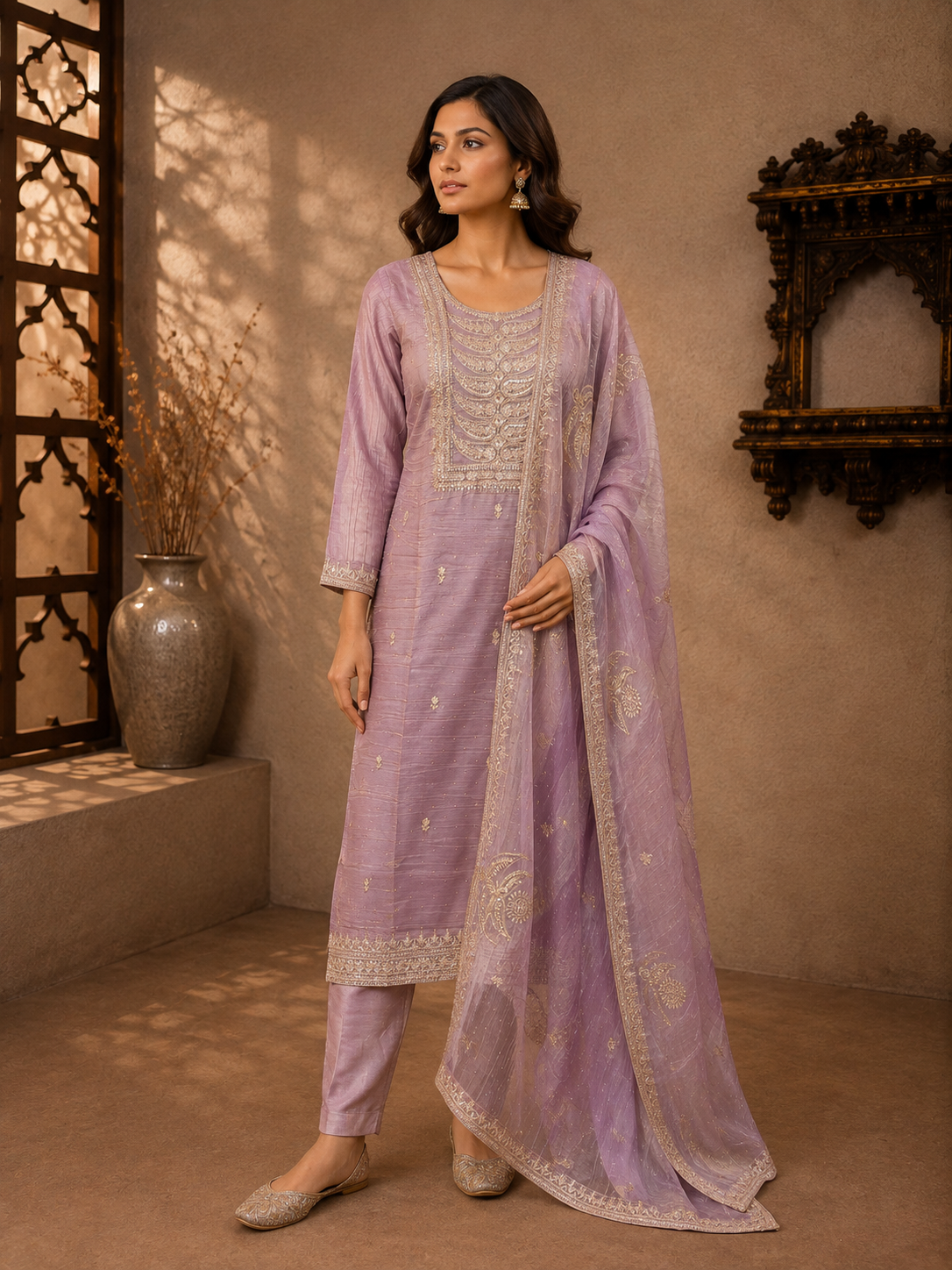 Lavender Tissue Silk Embroidered Kurta Set with Straight Pants & Dupatta