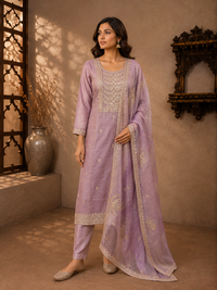 Lavender Tissue Silk Embroidered Kurta Set with Straight Pants & Dupatta