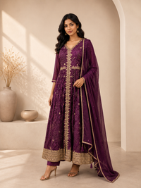 Premium Silk Anarkali Suit Set with Embroidered Border & Dupatta – Royal Plum