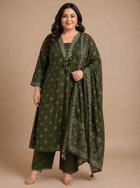 Olive Green Printed Cotton Kurta Set with Dupatta (Plus Size Friendly)