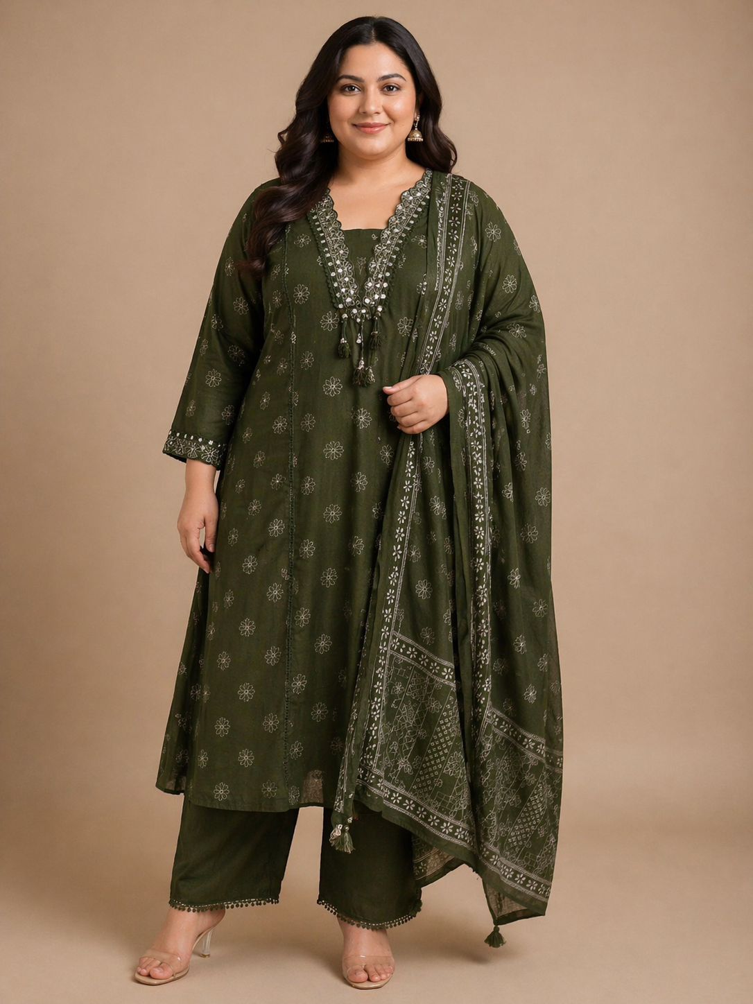 Olive Green Printed Cotton Kurta Set with Dupatta (Plus Size Friendly)