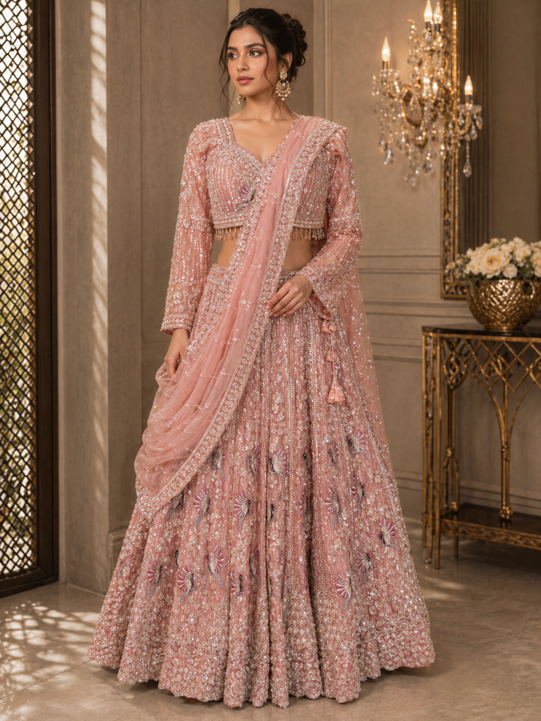Blush Pink Floral Embroidered Bridal Lehenga Set with Net Dupatta
