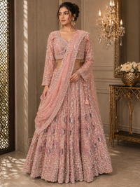 Blush Pink Floral Embroidered Bridal Lehenga Set with Net Dupatta