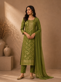 Olive Green Banarasi Silk Woven Kurta Set with Chiffon Dupatta