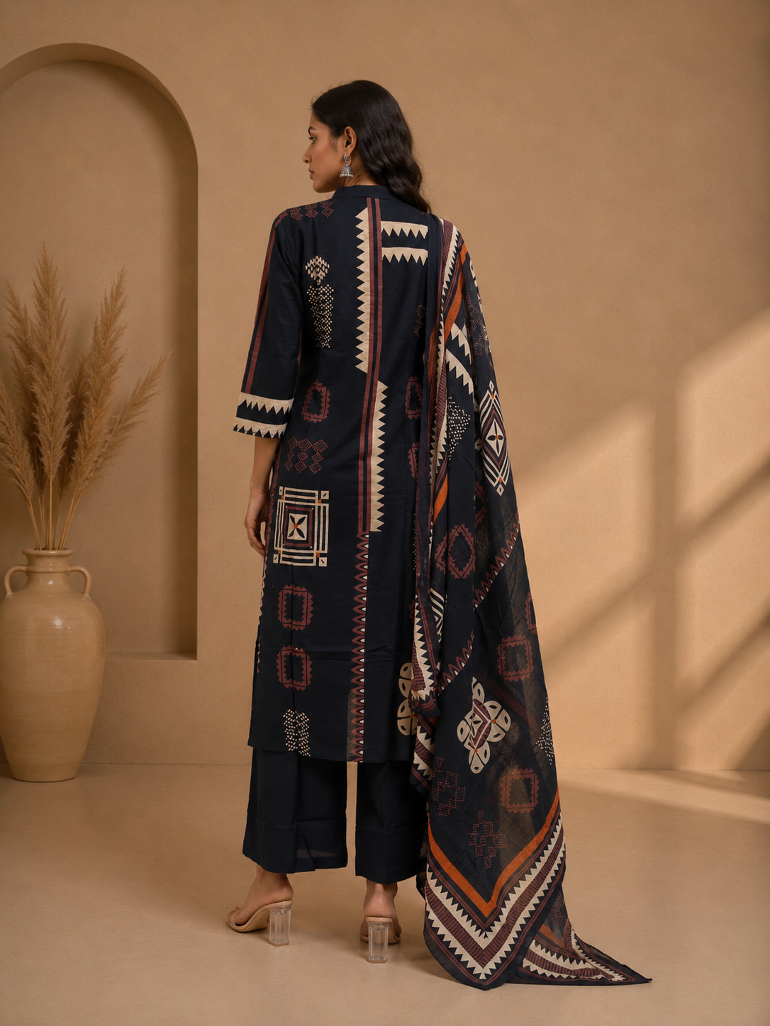 Navy Blue Printed Cotton Kurta Set with Dupatta