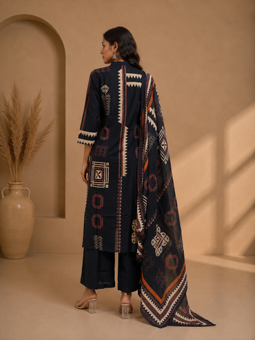Navy Blue Printed Cotton Kurta Set with Dupatta