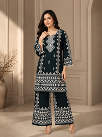 Teal Green Tribal Printed Rayon Kurta Set with Palazzo Pants