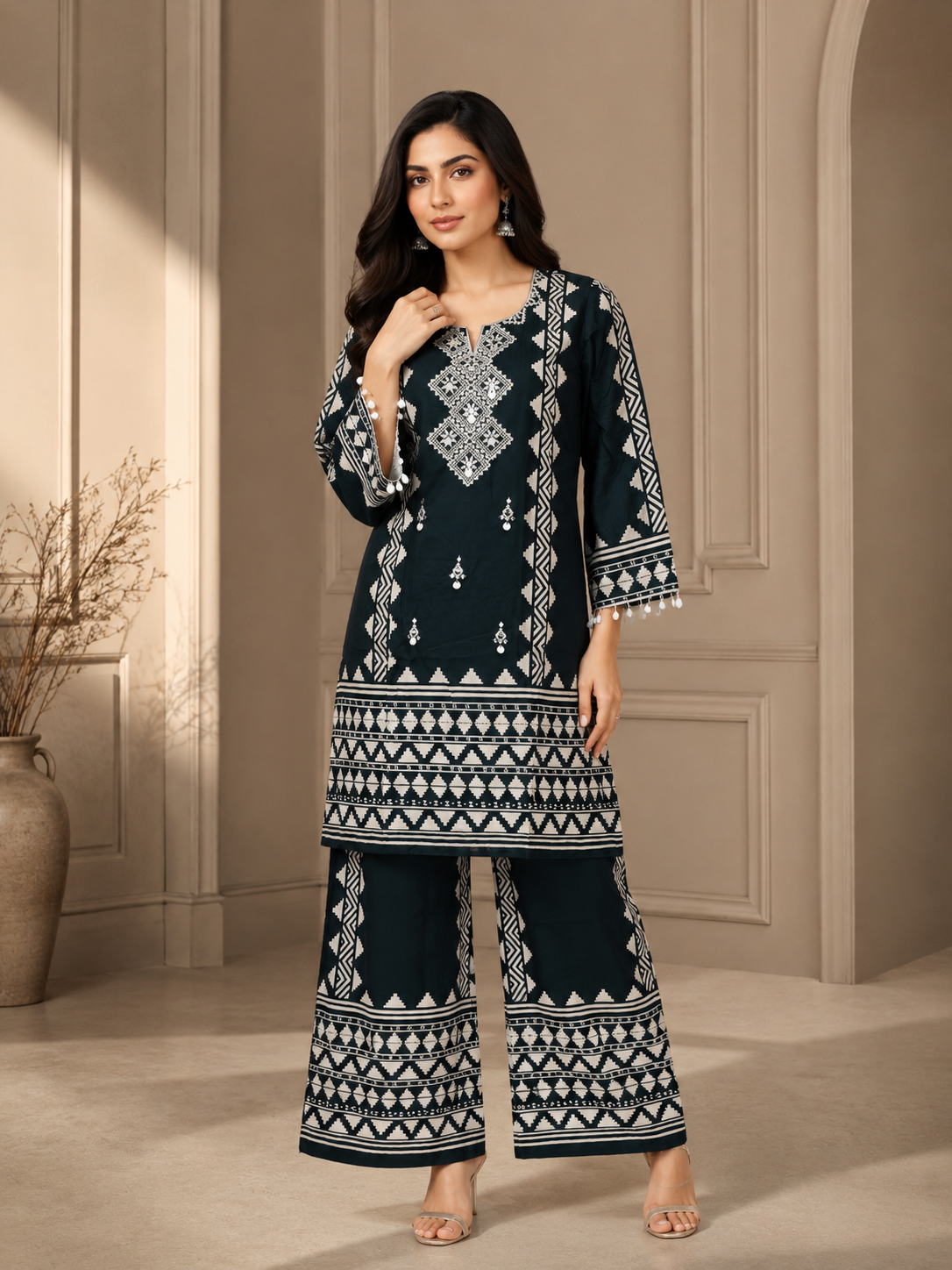 Teal Green Tribal Printed Rayon Kurta Set with Palazzo Pants