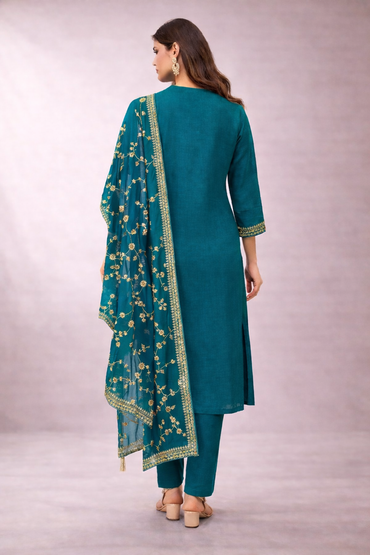 Emerald Green Silk Kurta Set with Embroidered Dupatta