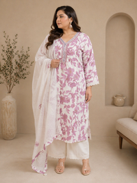 White & Pink Floral Printed Cotton Kurta Set with Dupatta (Plus Size Friendly)