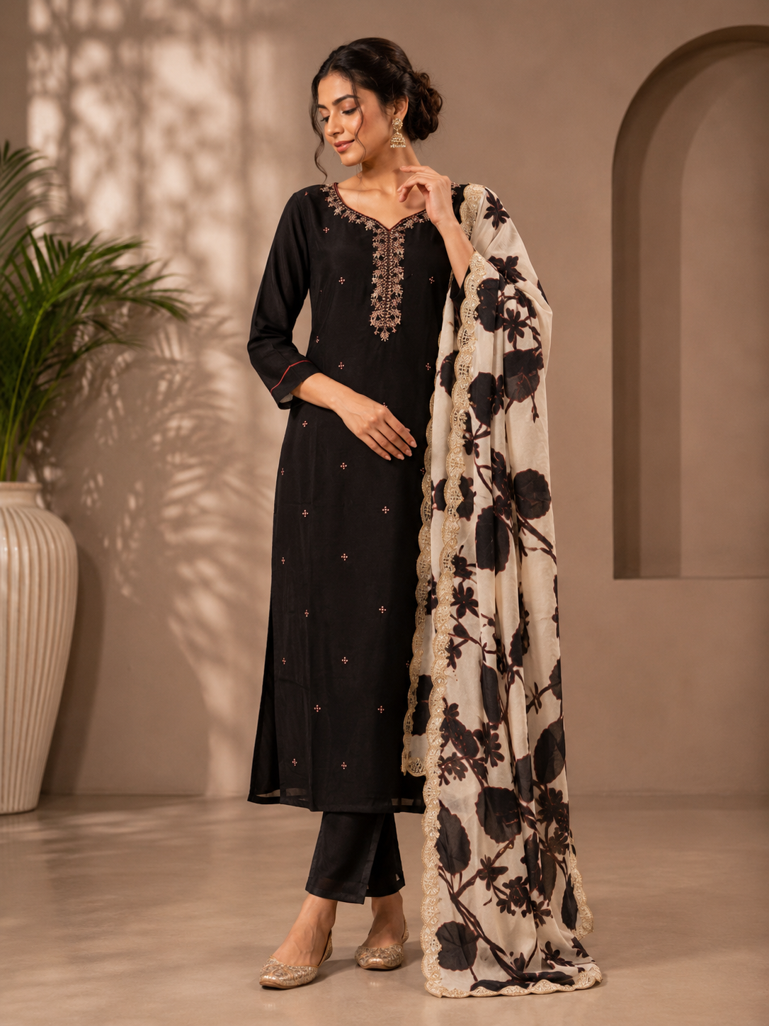 Black Vichitra Silk Straight Suit Set with Floral Printed Dupatta
