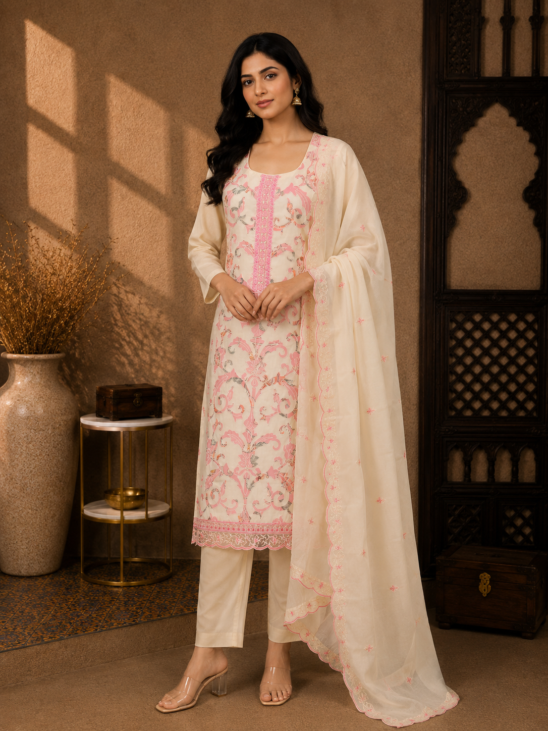 Premium Chanderi Silk Embroidered Straight Suit Set with Organza Dupatta – Ivory & Pink