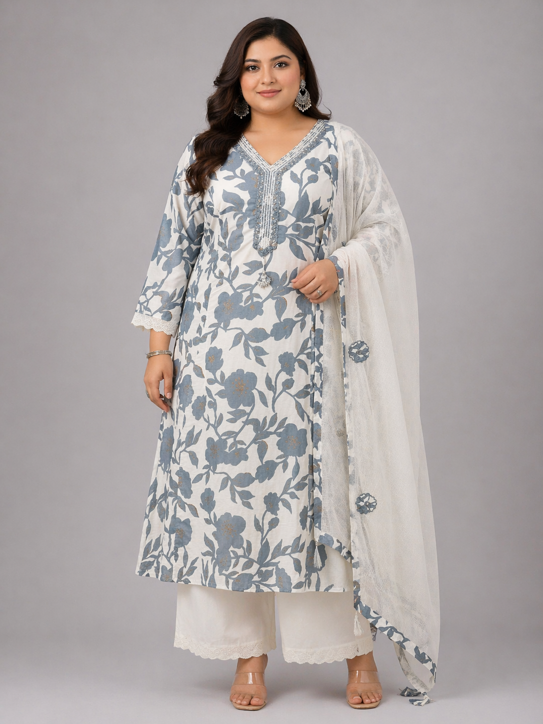 Women's Off-White & Grey Floral Printed Cotton Kurta Pant Set with Dupatta