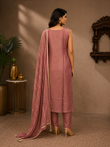 Mauve Tissue Silk Ethnic Suit Set with Dupatta