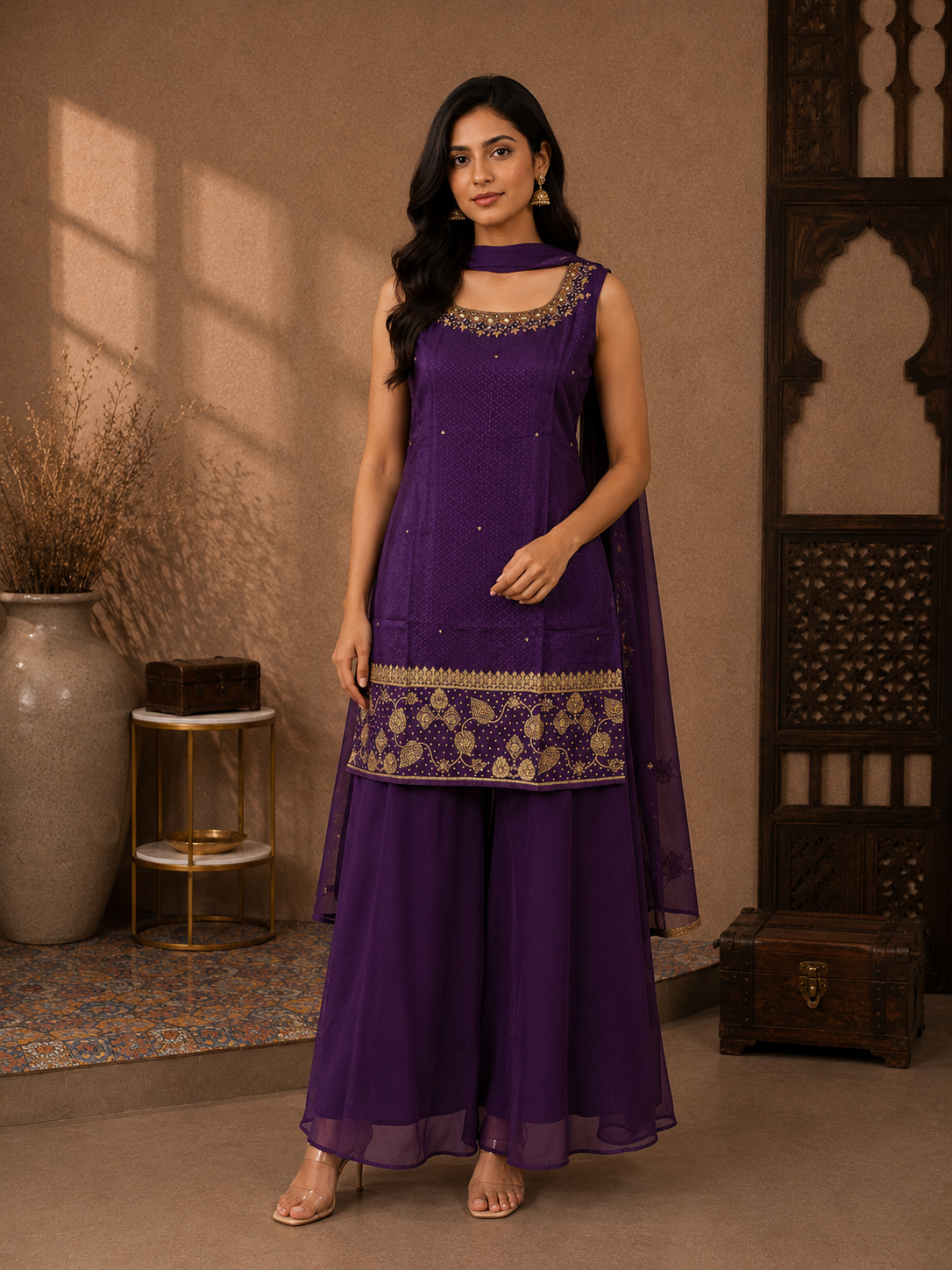 Premium Silk Kurta Set with Flared Palazzo & Embroidered Organza Dupatta – Royal Purple