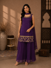 Premium Silk Kurta Set with Flared Palazzo & Embroidered Organza Dupatta – Royal Purple