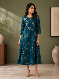 Teal Blue Muslin Silk Floral Printed A-Line Dress for Women