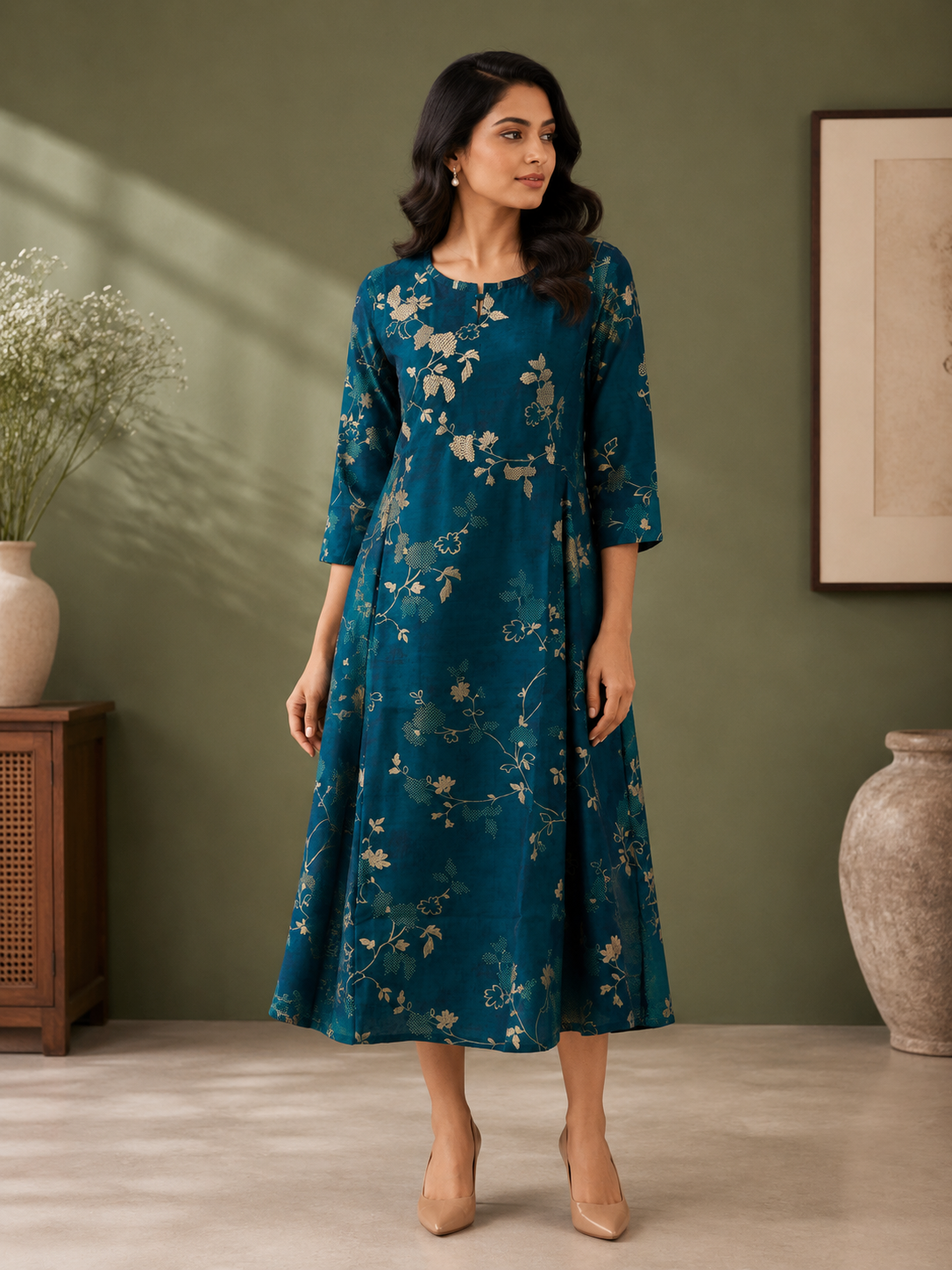 Teal Blue Muslin Silk Floral Printed A-Line Dress for Women