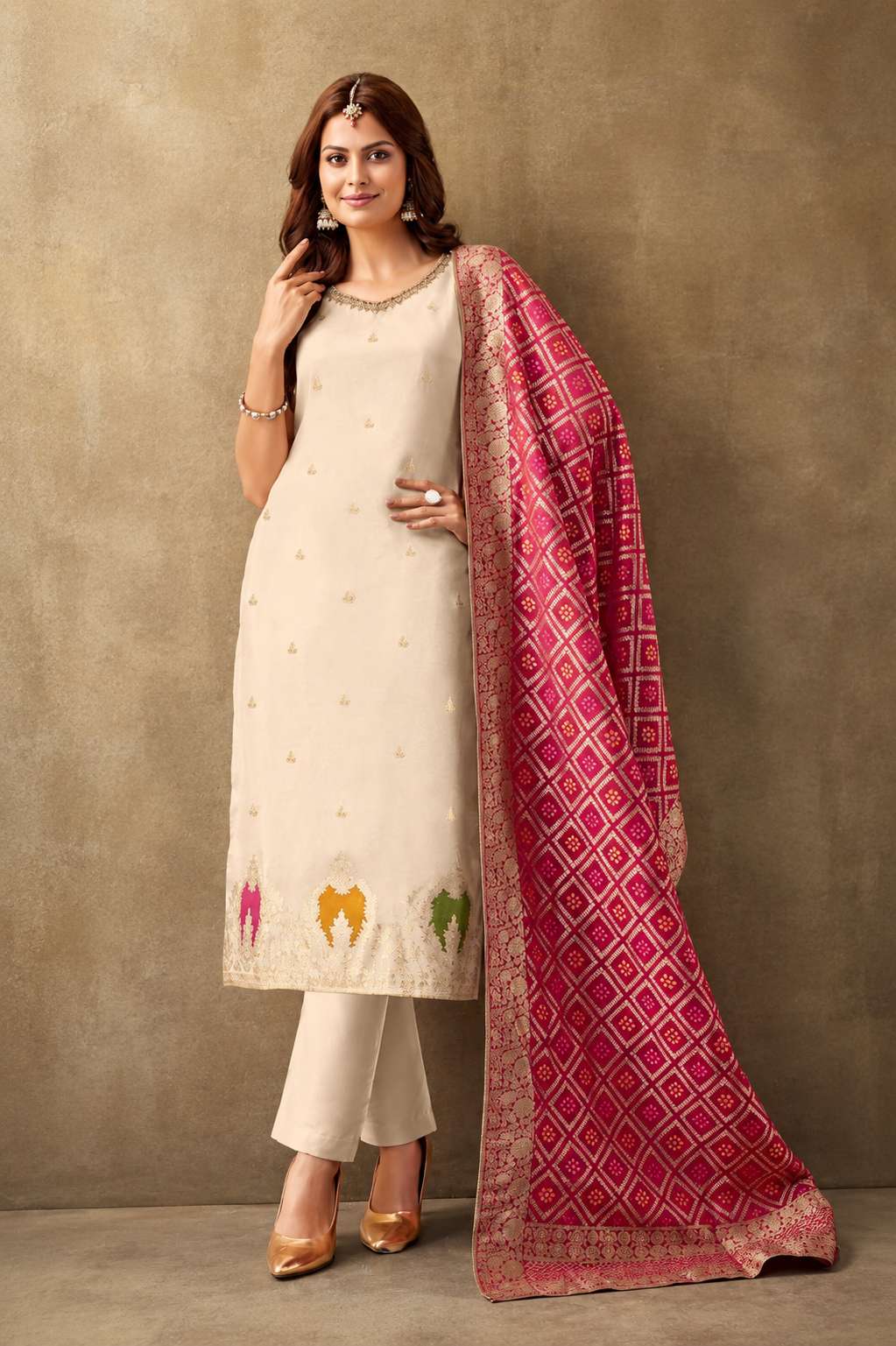 Premium Silk Straight Suit Set with Banarasi Woven Dupatta – Ivory & Rani Pink