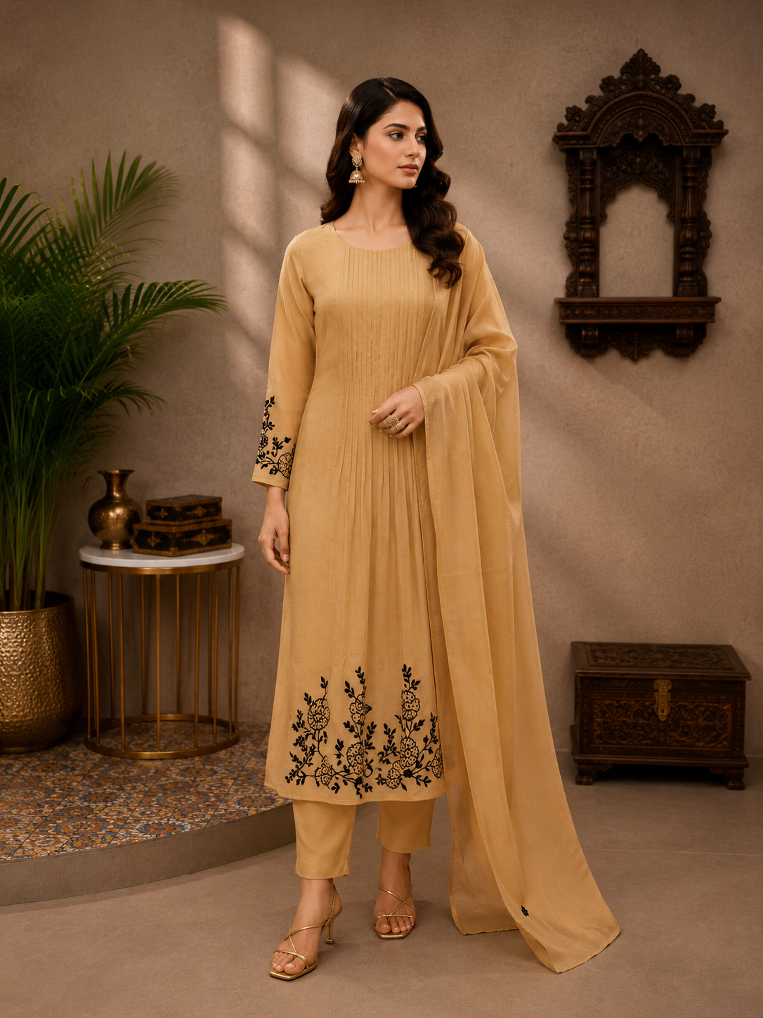 Women's Beige Mul Chanderi Embroidered Kurta Pant Set with Dupatta