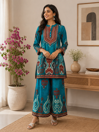 Turquoise Blue Muslin Printed Kurta Set with Palazzo Pants