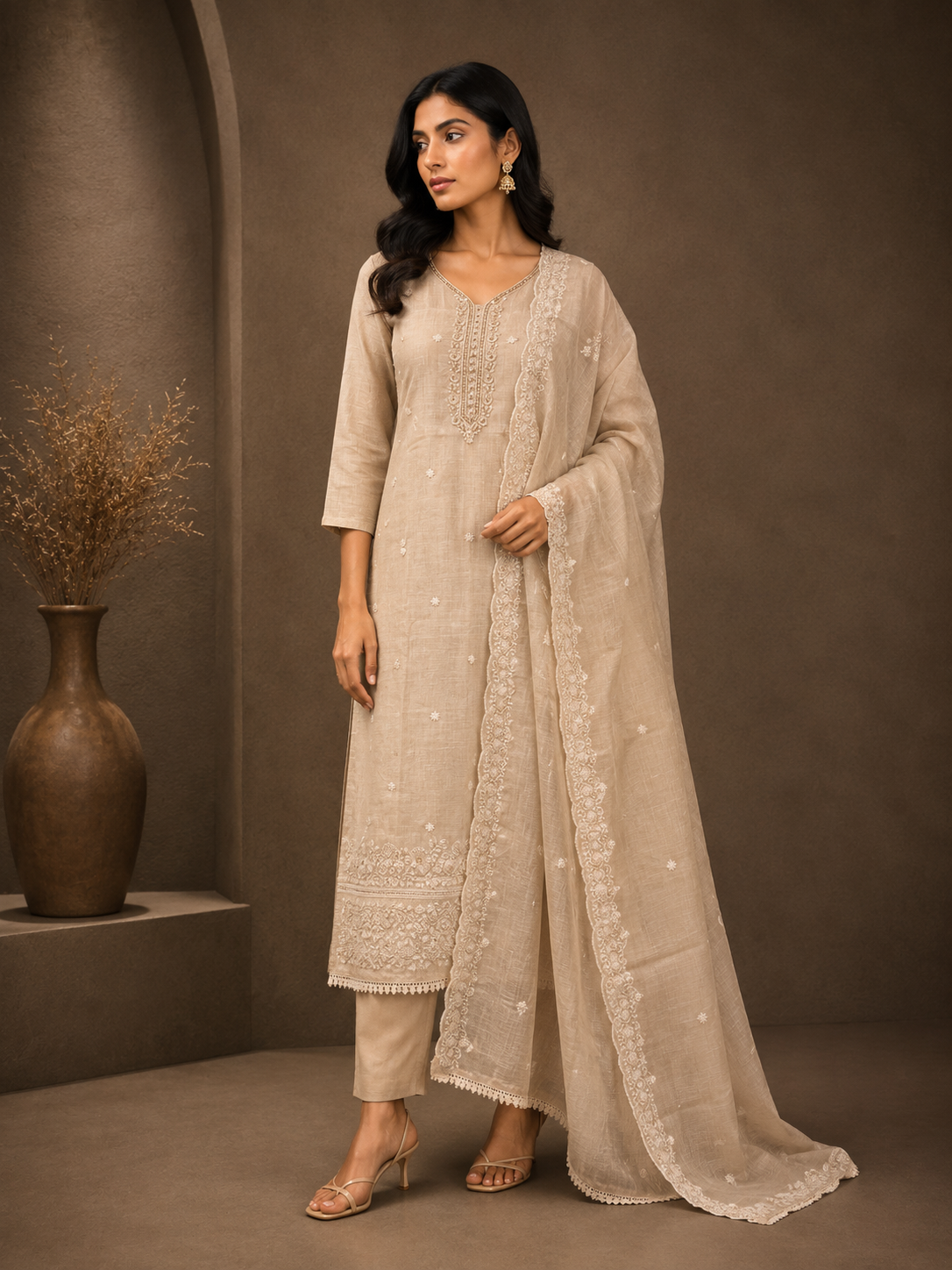 Premium Khadi Silk Embroidered Straight Suit Set with Dupatta – Ivory Beige