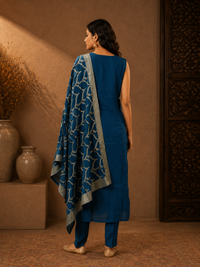 Royal Teal Soft Silk Embroidered Kurta Set with Designer Dupatta