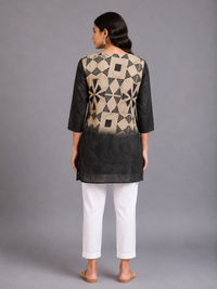 Black & Beige Geometric Print Silk Long Top
