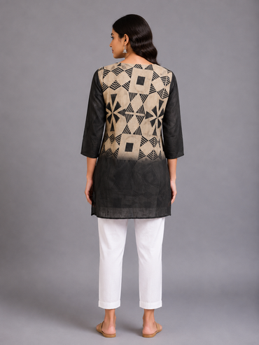 Black & Beige Geometric Print Silk Long Top