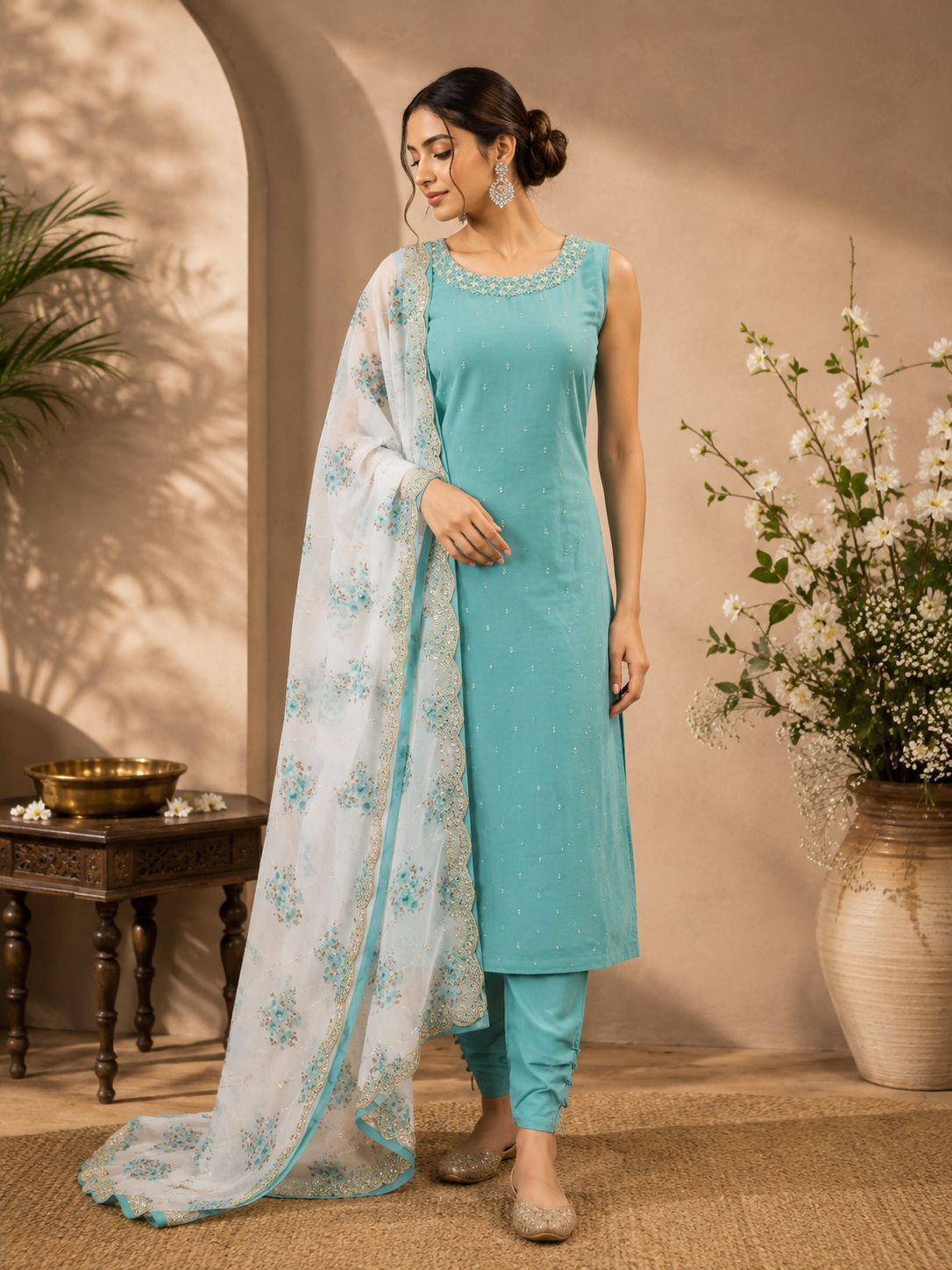 Aqua Blue Vichitra Silk Straight Suit Set with Embroidered Floral Dupatta