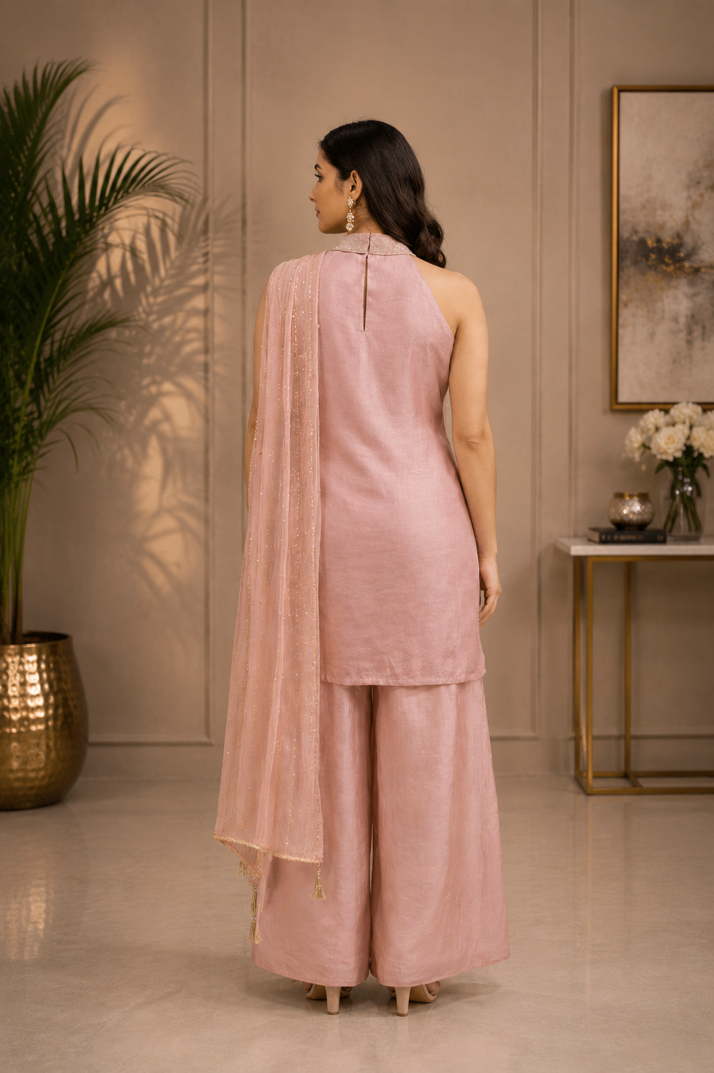 pinkish Peach Tissue Embroidered Kurta Palazzo Set with Dupatta