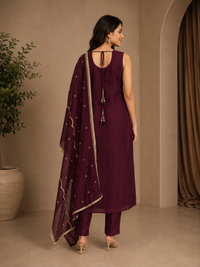 Wine Silk Embroidered Kurta Set with Designer Dupatta