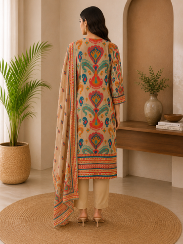 Women's Beige Ikkat Print Muslin Silk Kurta Pant Set with Dupatta
