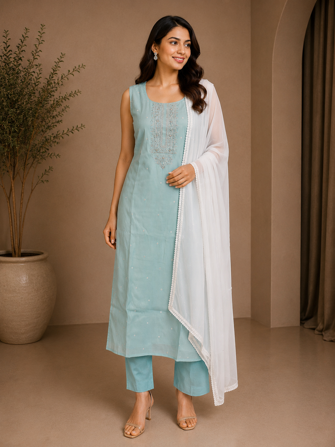 Aqua Blue Silk Embroidered Kurta Set with White Dupatta