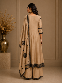 Camel Beige Vichitra Silk Embroidered Kurta Palazzo Set with Dupatta