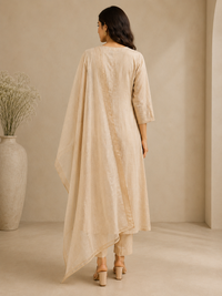 Chanderi A-Line Embroidered Suit Set with Dupatta – Beige