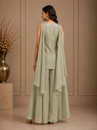Sage Green Silk Embroidered Peplum Sharara Set